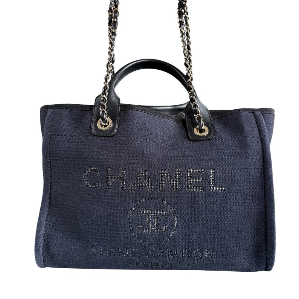 🎉SOLD🎉Authentic Chanel Medium Deauville Blue Cloth Tote with Timeless Elegance